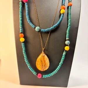 Layered Wood Bead Necklace Set Teal Blue Jasper Tree of Life Pendant Boho Chic